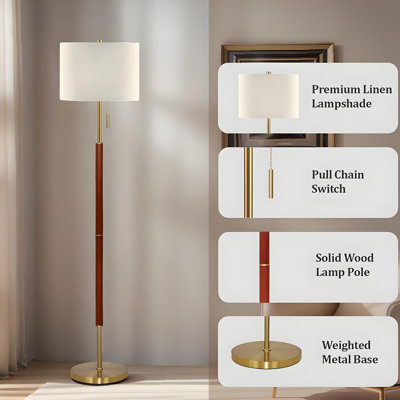 62" Walnut Gold Floor Lamp for Living Room, 1200LM 3-Way Dimmable Mid Century Modern Floor Lamp