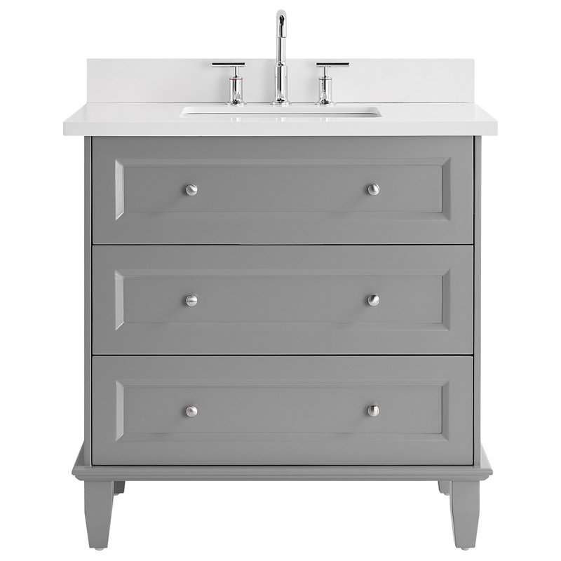 Ensemble de meuble-lavabo simple autoportant biseauté 36 po avec plateau en quartz Adelia, Gris, L 36 po