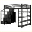 Lit mezzanine moderne en métal avec tablettes de rangement, armoires et garde-robe