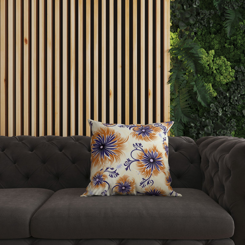 Coussin Breezy, Motif floral bleu / orange, H 20 po x l 20 po