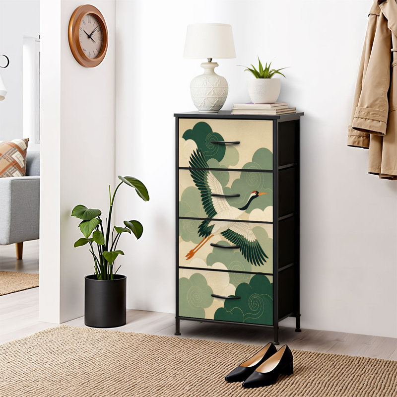 Commode 4 tiroirs pour chambre à coucher, commode étroite, plateau en bois et structure de bureau en fer 18 po x 37,5 po (lxH) - avec grue tourbillonnant de motifs orange et vert