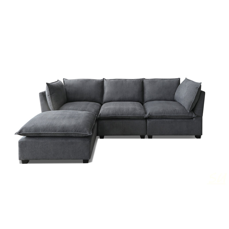 Ensemble de canapé d'angle moderne en tissu de lin en L avec repose-pieds convertible pour salon, appartement, bureau, gris