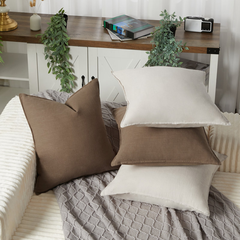 Ensemble de 4 housses de coussin, lin naturel 18 x 18 po, 2 kaki / 2 café, Kaki / café