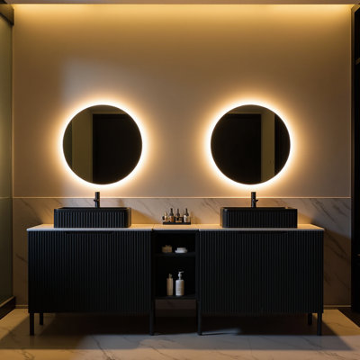 Meuble-lavabo double autoportant 72 po avec lavabos 72 po, 2 armoires de rangement rayées 30 po + tablette ouverte amovible 12 po, 2 vasques rectangulaires rayées noires avec comptoir Carrara blanc, noir