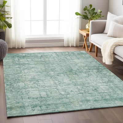 Machine Washable Indoor/Outdoor Xhevrie Teal Rug