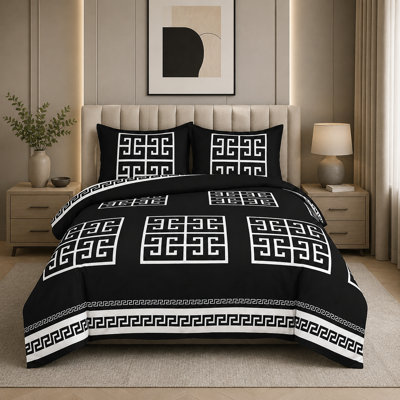 Greek Design Microfiber Bedding Set – Soft, Wrinkle-Resistant & Breathable – Includes Duvet Cover, Fitted Sheet & Pillowcases