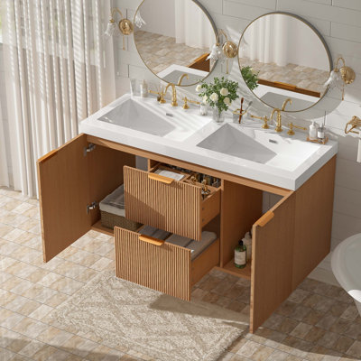 47.24-Inch Wall-Mounted Double Sink Bathroom Vanity With SMC Top, Soft-Close Doors, Divided Drawers, And Modern Floating Storage Design.