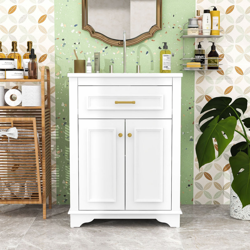 Meuble-lavabo de salle de bain avec lavabo en céramique, tiroir basculant et portes à fermeture en douceur pour espaces compacts