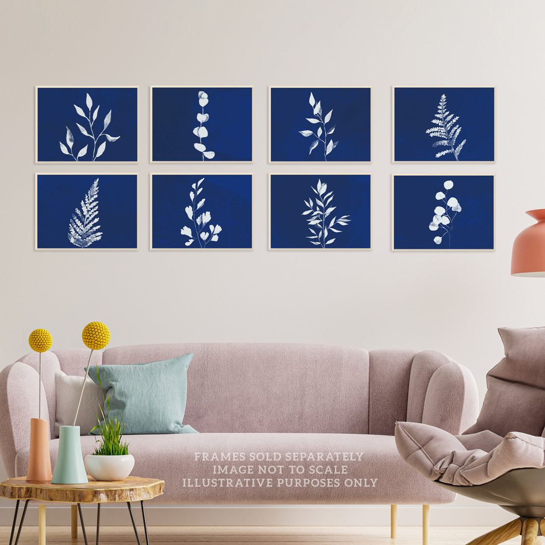 White on Cobalt Blue Foliage Simple Watercolour Leaf Botanical - 8 Piece Unframed Art Prints Set