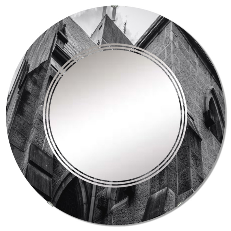 Architecture gothique en noir et blanc - Miroir mural rétro rond, 32 po x 32 po