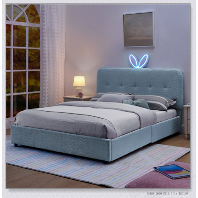 Lit tapissier pour enfant avec tête de lit pour oreilles de lapin, lumière DEL et 4 tiroirs de rangement, tissu pleine grandeur Boucle