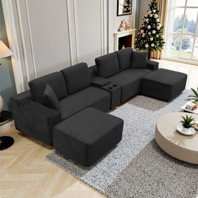 Canapé modulaire en forme de L 125 po avec repose-pieds, porte-gobelets et recharge USB 125 po, Noir