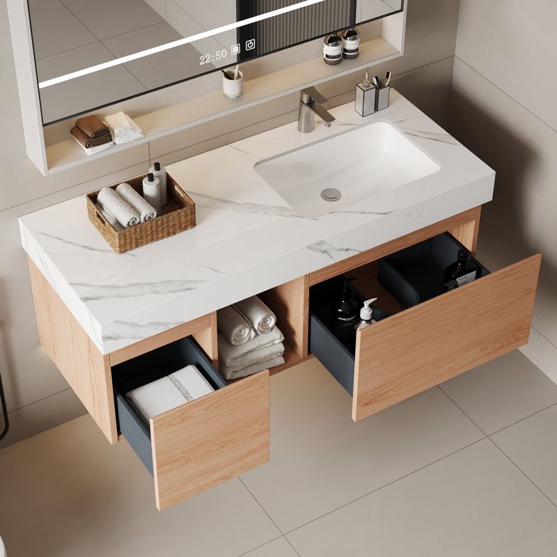 Meuble-lavabo mural simple 47,6 po avec 2 tiroirs flottants modernes en bois massif, Chêne, Blanc, 48"