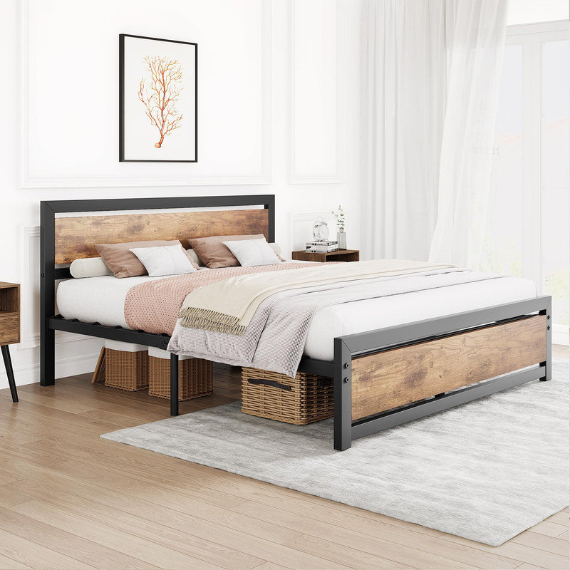 King Platform Bed Frame with Rustic Industrial Design, Metal Foundation with Wood Head and Foot Panels, 14" Underbed Storage, No Box Spring Needed