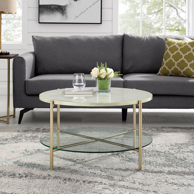 Adelbert Four Leg Coffee Table with Storage, White Marble/Gold
