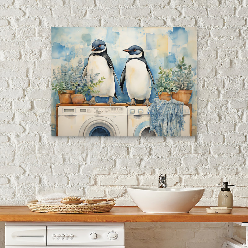 «White and Blue Penguins Laundry Room I» - Art mural, H 20 po x l 12 po x P 1 po