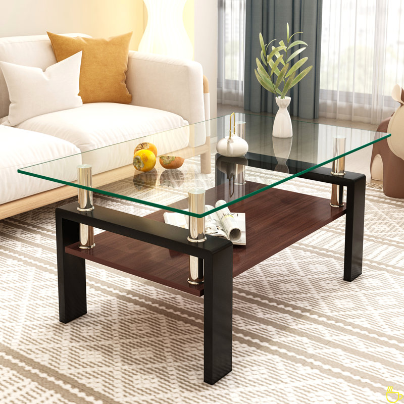 Rectangle Coffee Table, Tempered Glass Tabletop With MDF Layer, Clear Top/Brown Black Base