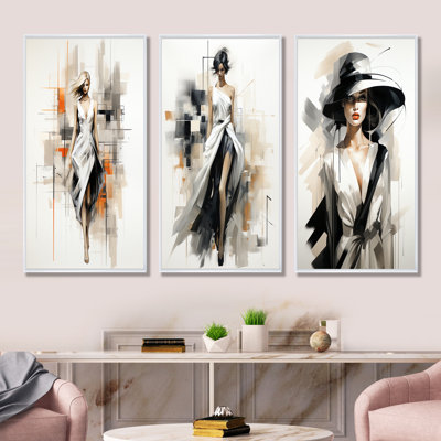 Black And White Fashion Top Model Woman Runway I - Fashion Illustration Canvas Wall Art Set Of 3