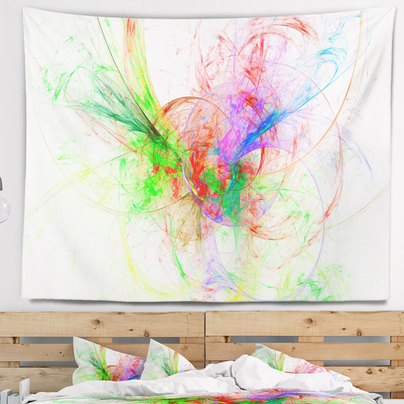 Tapisseriee abstrait multicolore sur fond à motif fractal blanc, H 78 po x l 92 po