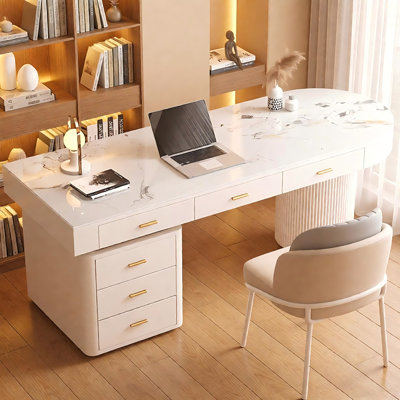 Bureau 62,99 "à demi-cercle beige en bois fritté, 5 tiroirs