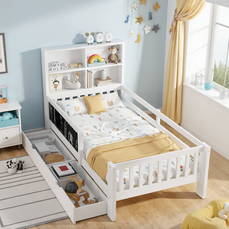 Lit simple avec tête de lit, structure en bois massif et tiroirs de rangement Kid's Creative | Lit plateforme blanc peu encombrant