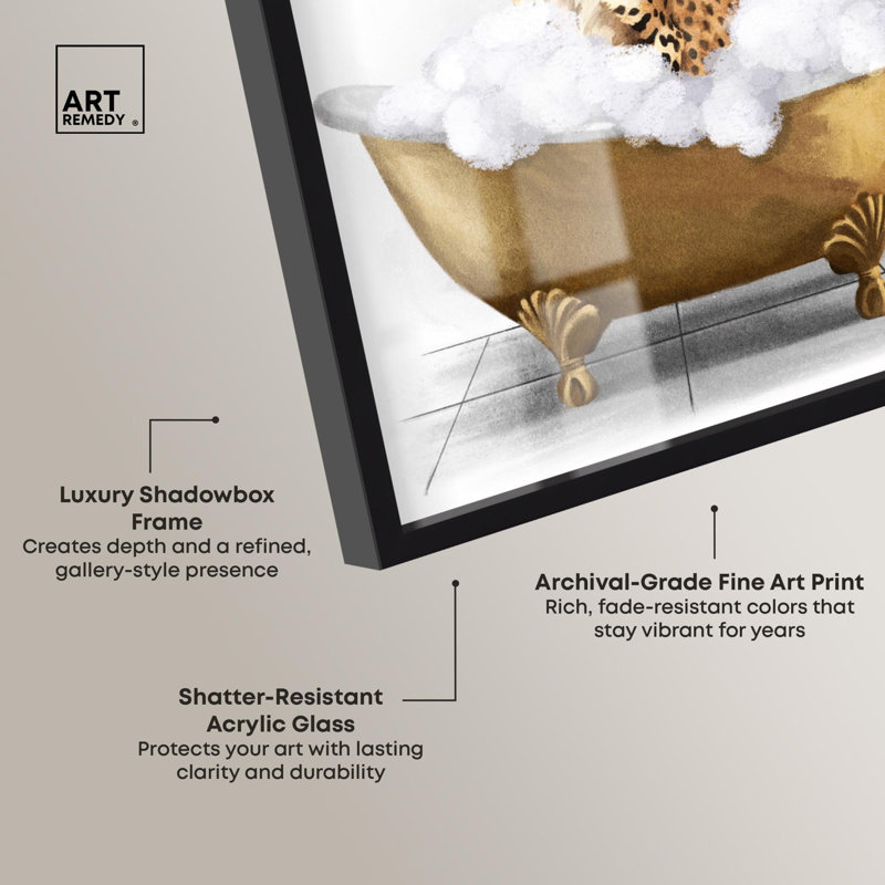 «Bathtime Cheetah Shadowbox Print Trendy Bathroom Art» par Art Remedy, H 25 po x l 17 po, Noir