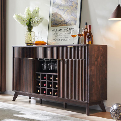 60"W Wine Coffee Bar Cabinet Natural Weathered Finish With 3 Drawers, Wine & Glass Rack