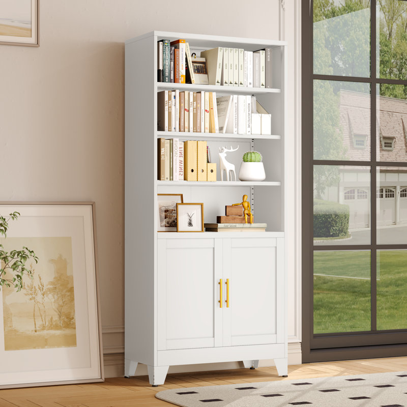 Grande vitrine moderne en métal avec 4 tablettes de rangement réglables et 2 portes, Blanc
