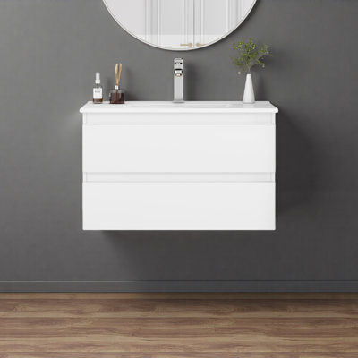 Meuble-lavabo mural de 32 po avec lavabo combiné, tiroirs doubles, système de fermeture en douceur, lavabo en céramique, conception sans poignée, facile à installer, le robinet n'est pas inclus