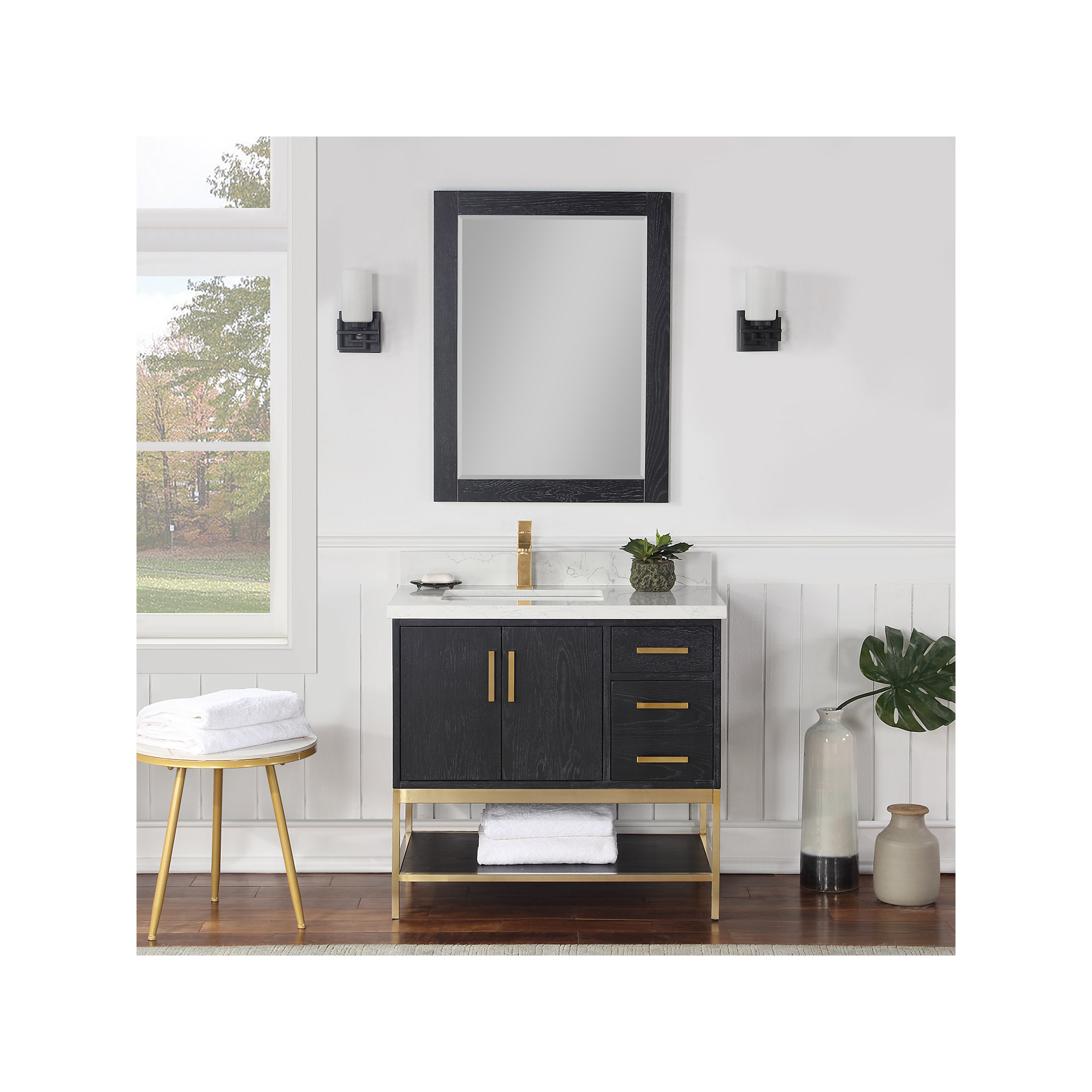 Blanche 36" Single Bathroom Vanity Set With Grain White Composite Stone Countertop With Mirror, Black, Gold