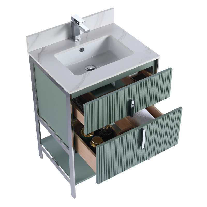 Meuble-lavabo moderne avec plateau en pierre Serenity, Vert menthe / chrome, 24", Marbre de Carrare blanc