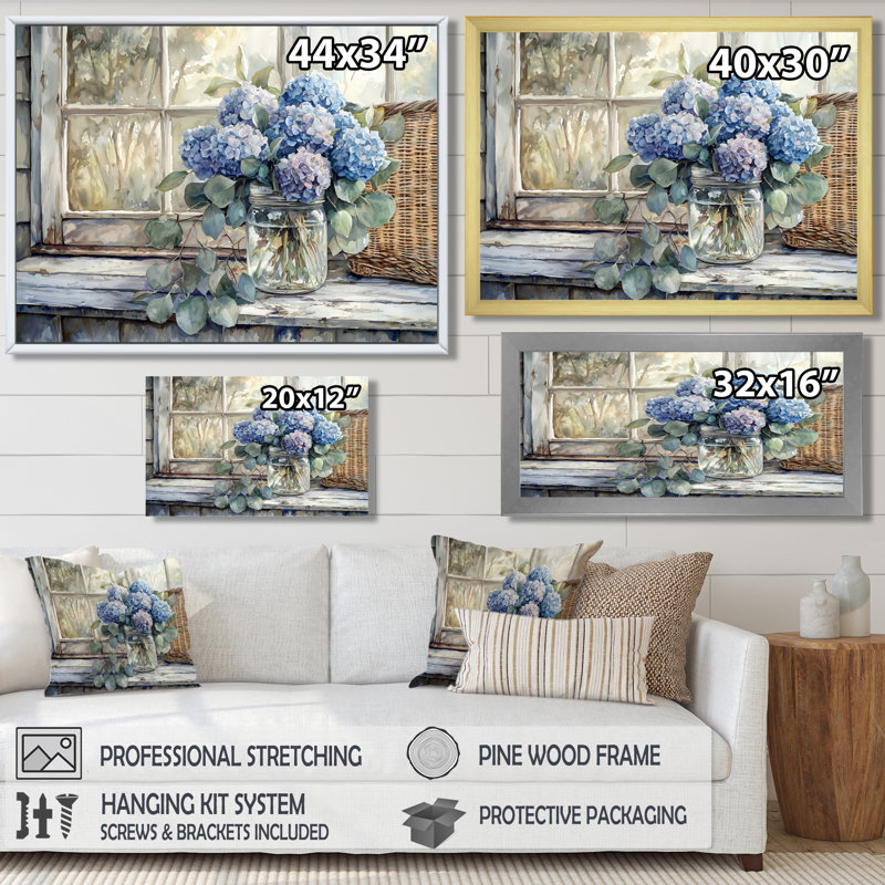Art mural sur toile, "Hortensias et eucalyptus I" de Dorcy, Reproduction encadrée d'une seule photo, H 30 po x l 40 po, Blanc