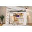 Lit mezzanine beige avec garde-robe intégrée, bureau d'étude, rangement ouvert et lumières à DEL, configuration d'espace pour les espaces compacts et les chambres doubles