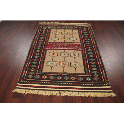 Tapis rouge / beige / brun fait à la main en laine Kilim