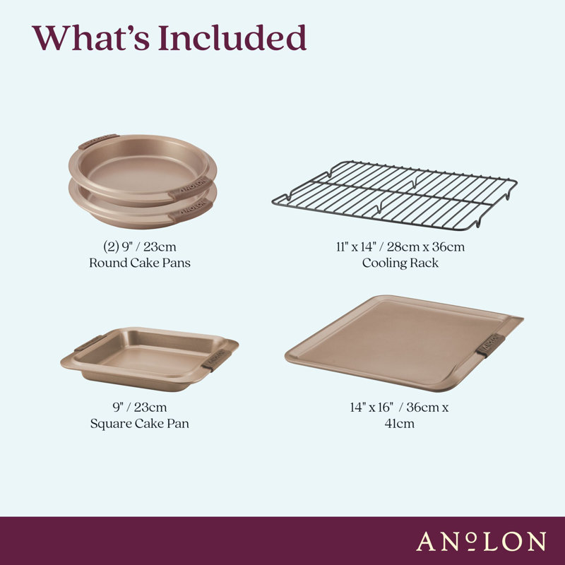 Anolon Advanced Nonstick Bakeware / Baking Set with Silicone Grips, Bronze, 5-Piece Set (3 Cake Pans, 1 Cookie Sheet, 1 Rack)