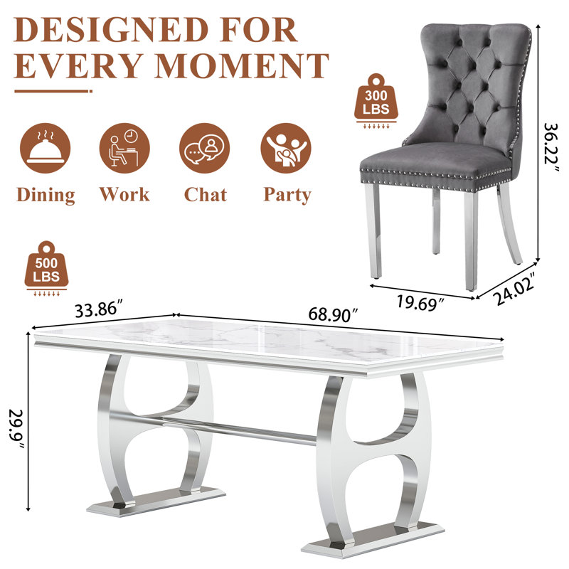 69" Faux Marble Dining Set For 4, Stainless Steel H-Frame Table & Velvet Tufted Seating With Ring Pulls, Gray/Silver, Silver