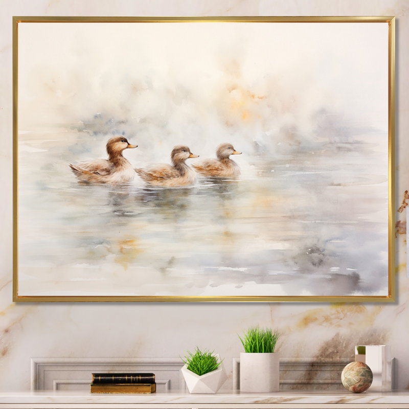 Canards bruns nageant dans le lac Misty Morning I, H 34 po x l 44 po, Cadre flottant doré