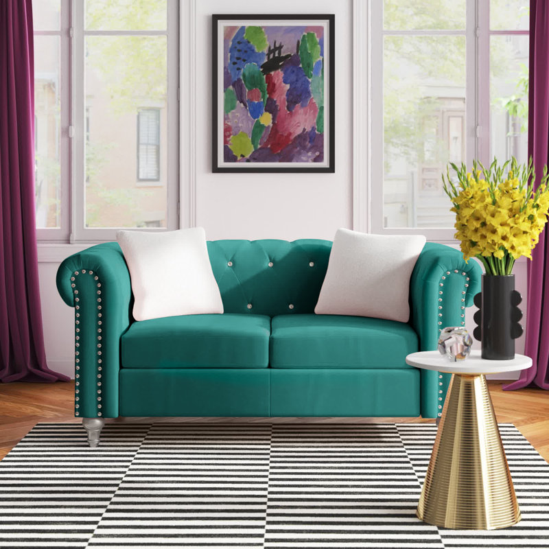 Glory Furniture Raisa Velvet Rolled Arm Chesterfield Loveseat, Green