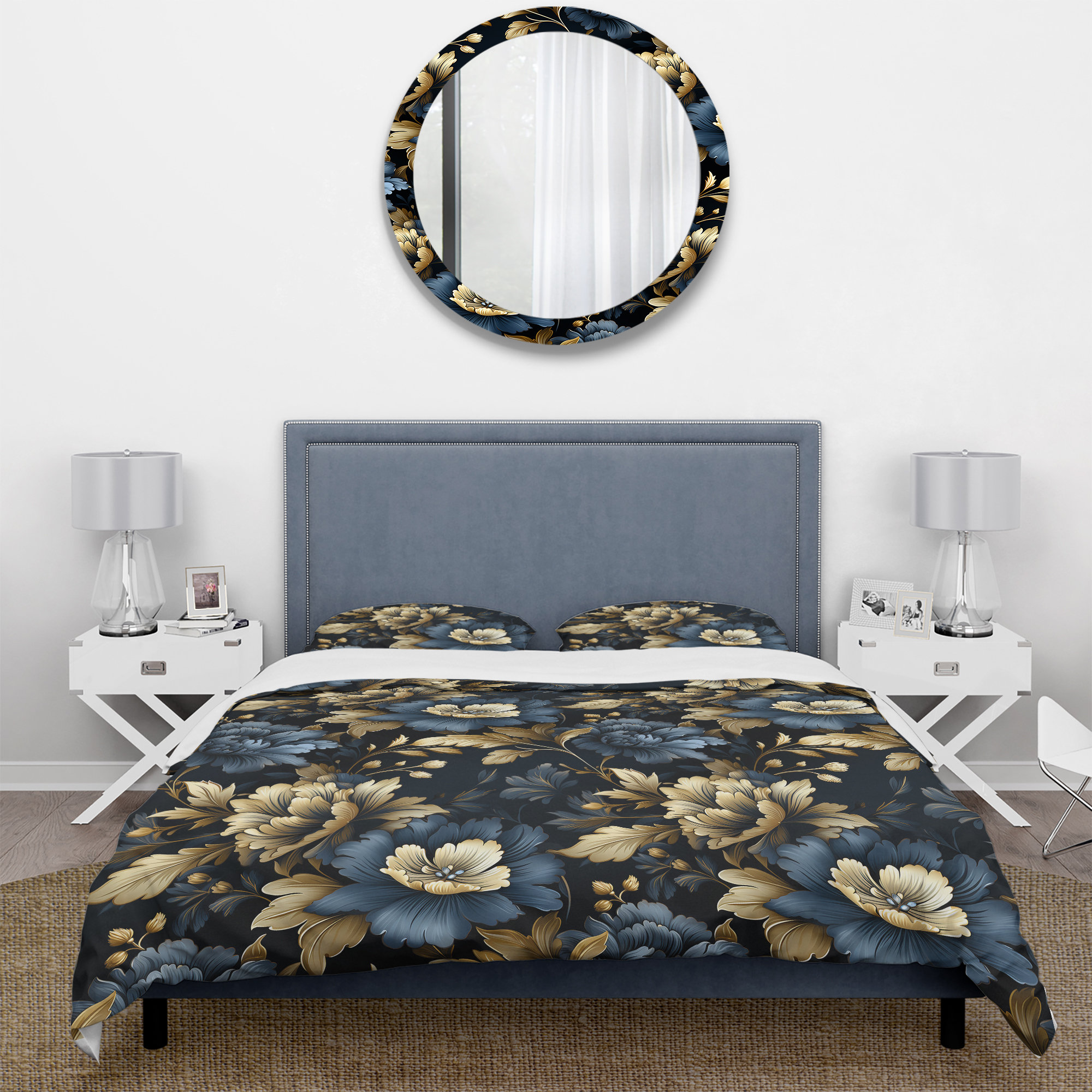 Design Art Dark Blue And Golden Gilded Damask Glamour V Duvet Cover Set