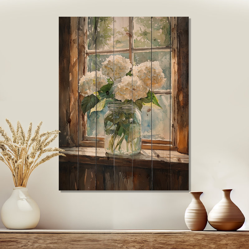 Hortensias Ched par la fenêtre - décoration murale en bois d'hortensias - sur bois de pin naturel