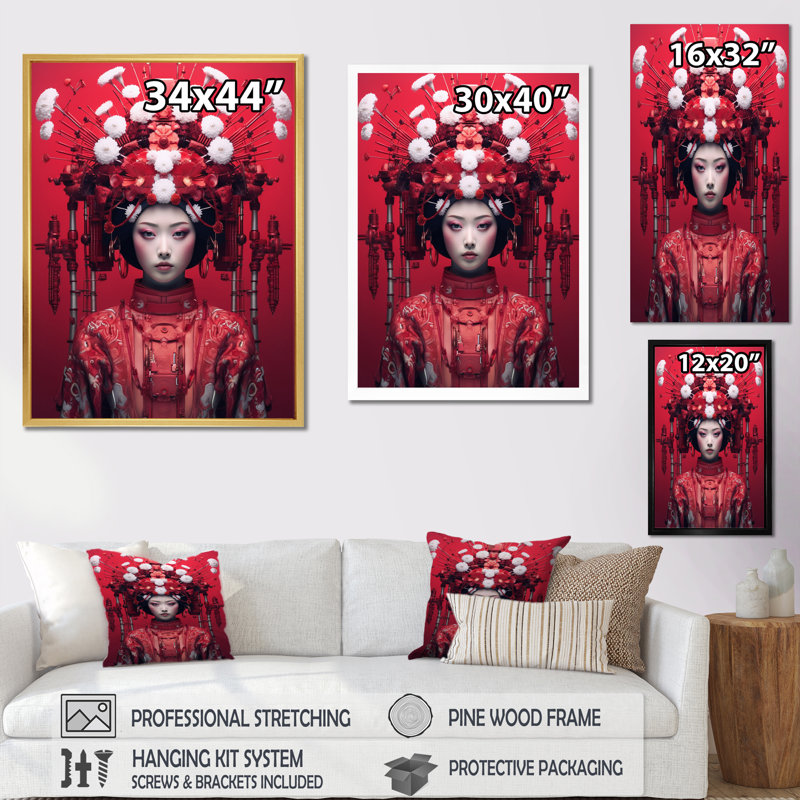 Geisha japonaise futuriste, Cadre photo argenté, H 32 po x l 16 po x P 1 po