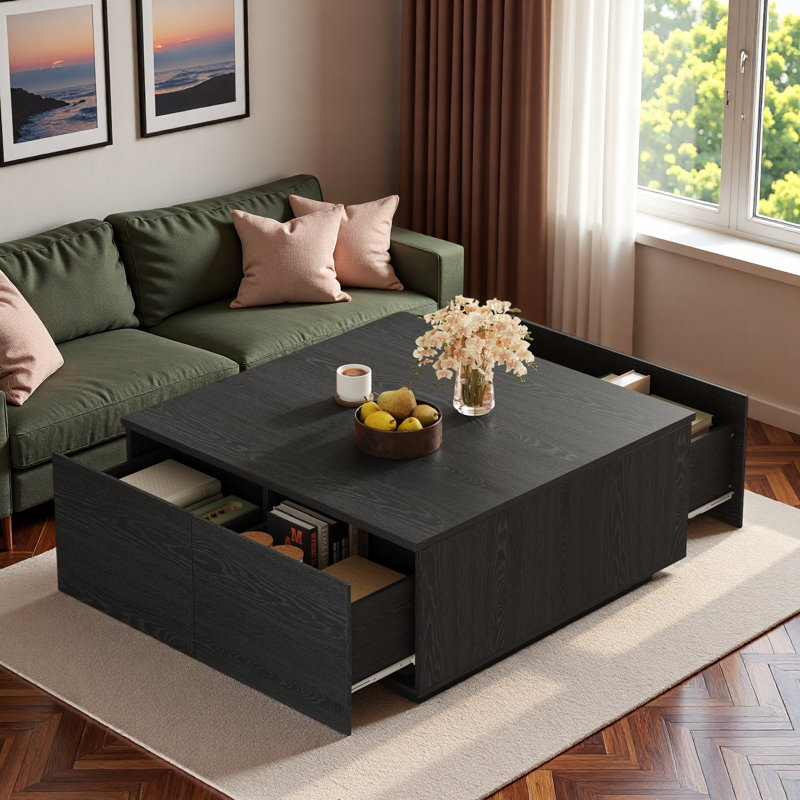 Table basse moderne carrée avec 4 tiroirs, Noir
