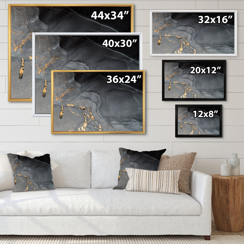 Gloden - Marbre noir et gris, art Ripples - art mural sur toile Glam, H 12 po x l 20 po, Toile avec cadre flottant brun