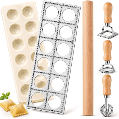 5 Pcs Ravioli Mold Set, 2 Inch Square Ravioli Maker Kit with 12-Hole Ravioli Press, 3 Pasta Cutter Stamps & Wooden Rolling Pin for Homemade Ravioli