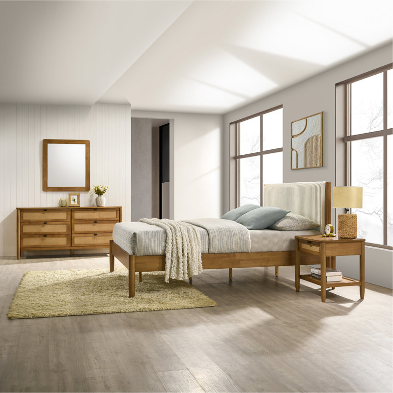 Ensemble de chambre à coucher en bois d'hévéa 4 pièces Vichy, Ensemble de 4 pièces : lit, table de chevet, comm