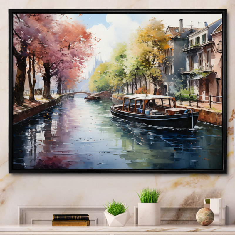 Green Canal Waterway Pointillismpointillism - Impression, Cadre flottant noir, H 30 po x l 40 po x P 1,5 po