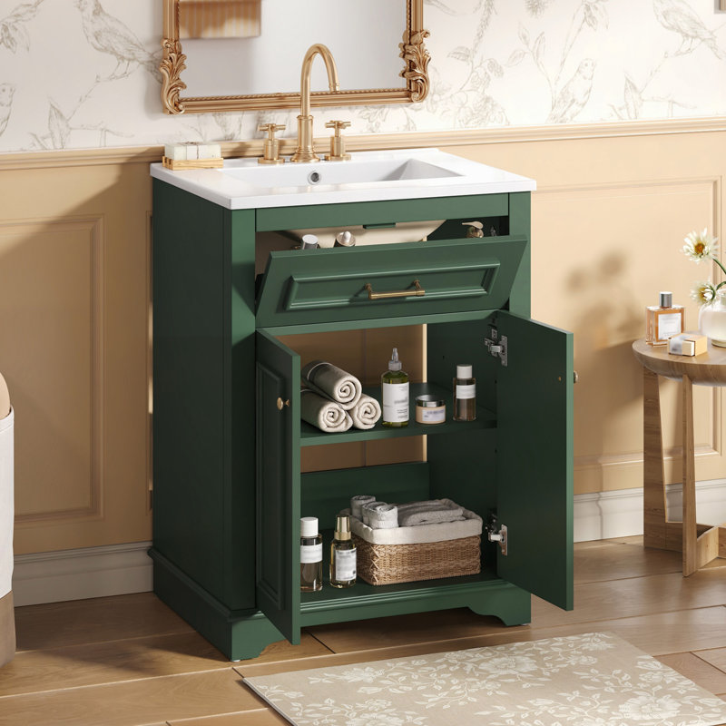 Meuble-lavabo avec lavabo en céramique intégré, armoire de salle de bain avec portes, 1 tiroir basculant, meuble-lavabo simple pour salle de bain petite et moyenne