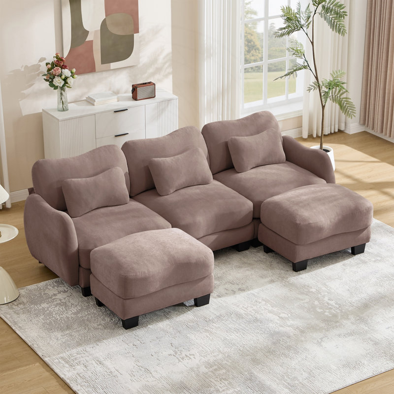 Canapé en chenille 3 places en U avec 2 repose-pieds mobiles, Chenille rose poussière