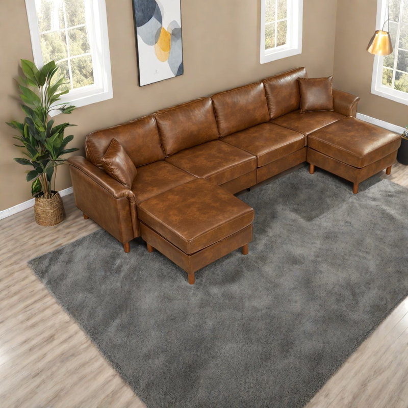 Inch Sectionals with Storage, Breathable PU Leather, Modern Brown Family Sofa, Brown