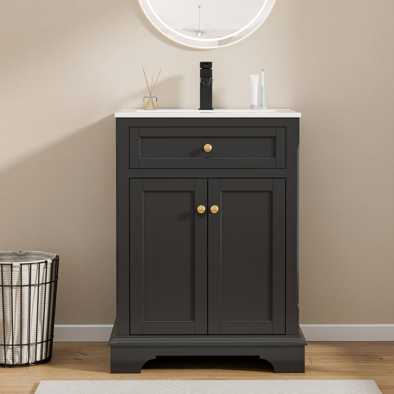 Meuble-lavabo simple autoportant Linsay 24 po avec comptoir en céramique, robinet et drain, peinture résistante à l'eau, certifié EPA